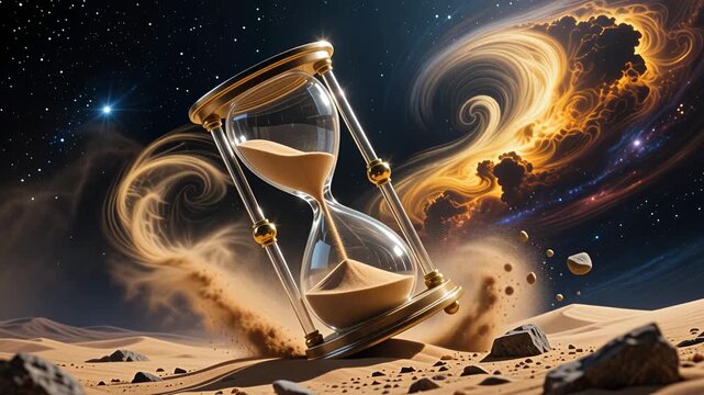 Surreal scene the flow of universal time in an hourglass on the background of the universe