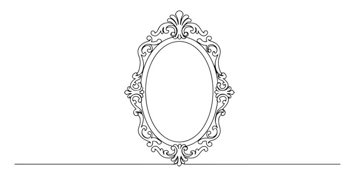 Continuous single line drawing of a mirror with an ornate frame, depicting reflection and introspection, line art style illustration.