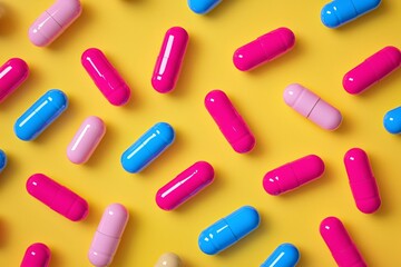 Colorful Capsules on Yellow Background for Health and Wellness Themes