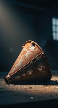 A rusty old industrial funnel sits forgotten on a dusty workbench in a dark workshop, symbolizing obsolescence and long term neglect, tool, derelict, industry