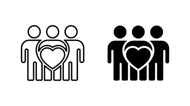 A group of three minimalist person icons with a heart symbol signifying community and love.