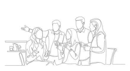 Obraz premium Continuous Line Drawing of a Group of Diverse Young Adults Socializing and Chatting Happily in a Bright Studio Setting