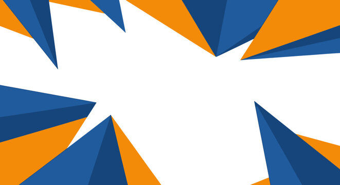 Dynamic abstract background featuring orange and blue geometric triangle shapes on a clean white backdrop.