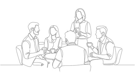 Group of Business People Having a Collaborative Discussion Meeting in an Office Setting, Line Art Style on an Isolated White Background