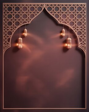 Luxury Islamicbackground, matte burgundy background with soft gradient, rose gold Islamic geometric border frame, delicate hanging small lanterns glowing softly, symmetrical squar design 
