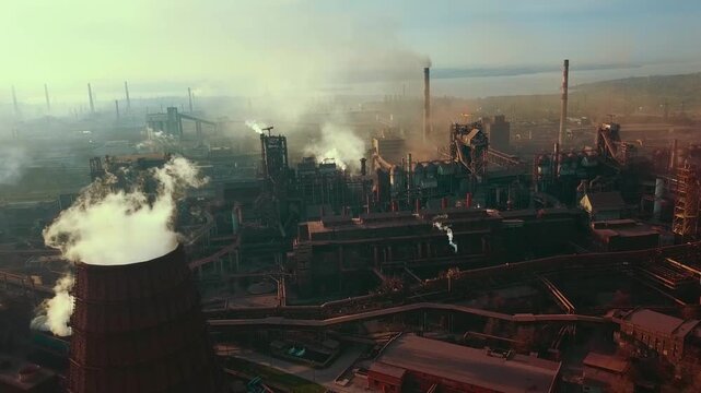 Factory plant smoke from chimneys metallurgical plant drone flyover
