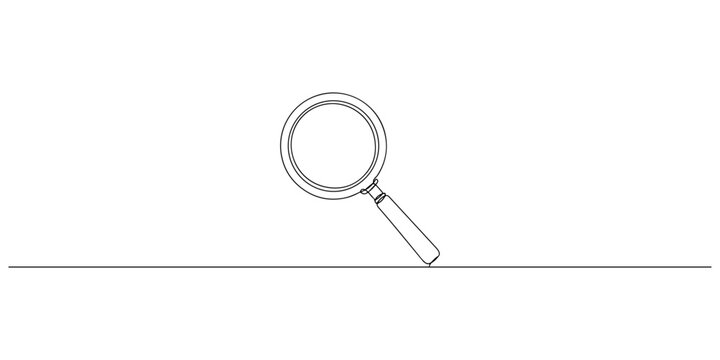 Continuous single line drawing of a magnifying glass, representing investigation and focus, line art style illustration.