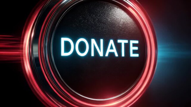 Glowing red neon DONATE sign on dark.