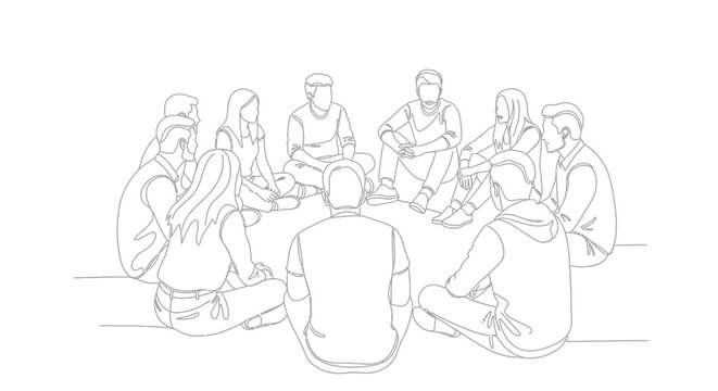 Continuous One Line Art Drawing of a Group of Diverse People Sitting in a Circle for Meeting or Discussion on Isolated White Background