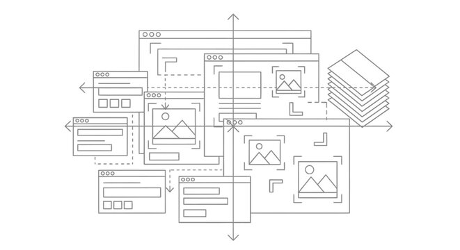 Detailed Web Development and User Experience (UX) Design Workflow with Wireframing and Planning Elements on Isolated White Background