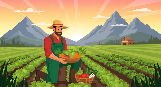 Farmer harvesting fresh vegetables from field at sunrise with mountains in background
