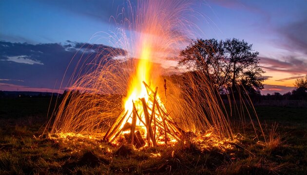 Osterfeuer mit tanzenden Funken im Abendlicht