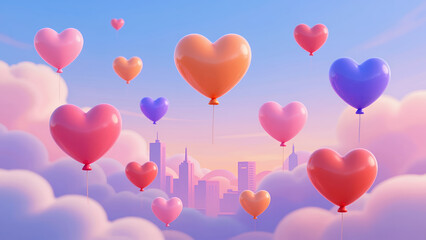 Floating Heart-Shaped Balloons In The Sky Above A Cityscape, Romantic And Whimsical Concept For Love And Celebration