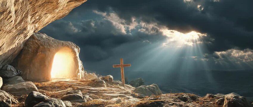 Empty tomb and cross with divine light from clouds