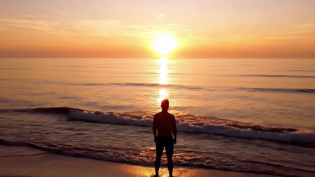 Silhouette of a person standing by the sea at sunset