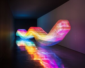 Colorful Wave Sculpture Illuminated in a Dark Gallery Space