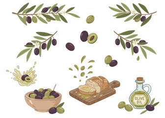 Hand-drawn olive oil set with branches, green and black olives, bread, and splashes. Organic food vector illustration in sketchy doodle style.