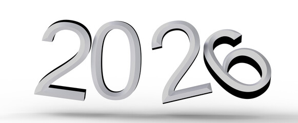 3D render of the year 2026 in metallic silver. Perfect for new year greetings and future planning visualizations. © vegefox.com