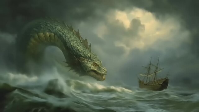 Dramatic sea serpent rises over stormy ocean with ship
