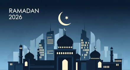 Ramadan illustration featuring mosque silhouette and crescent moon on transparent background