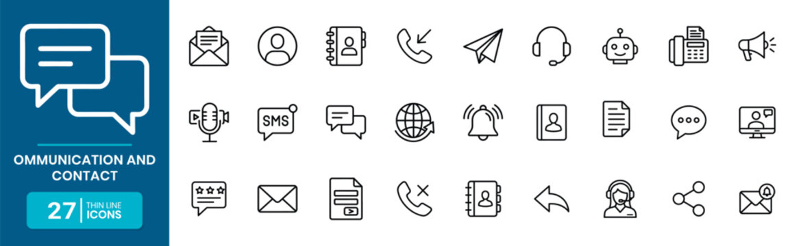 Communication and Contact Thin Line Icon Set