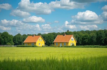 Obraz premium Two yellow houses with orange roofs sit in a green field. Lush trees form a backdrop under a blue sky with white clouds. This is a peaceful rural scene in Denmark.