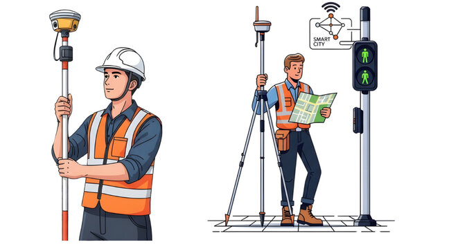 Surveying set showing worker with GNSS pole and tripod map, A two-panel vector illustration set showing different surveying methods: one worker holding a GNSS pole, and another studying a city map 