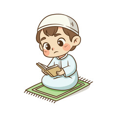 Little Muslim boy sitting on prayer mat reading the holy Quran