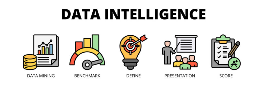 Data Intelligence web banner icon vector illustration concept for business analytics strategy with icons of data mining, benchmarking, defining metrics, presentation and performance score.