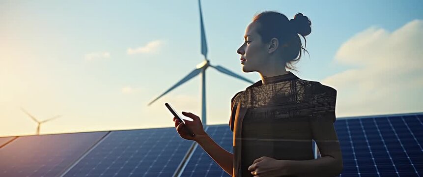 Young woman examines renewable energy site, solar panels and wind turbines in dynamic harmony; camera pans gently, capturing the cinematic transition of sustainable innovation.