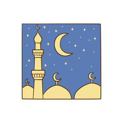 Beautiful night landscape with mosque silhouettes under the crescent moon