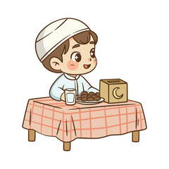 Muslim boy sitting at a dining table with dates and water