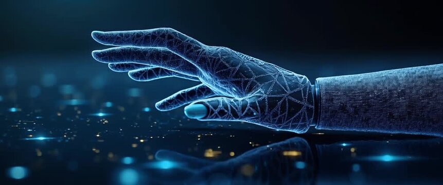 Futuristic hand reaches over a digital surface as particles gently flicker; camera pans slowly in a cinematic style, highlighting advanced technology, innovation, and digital transformation.
