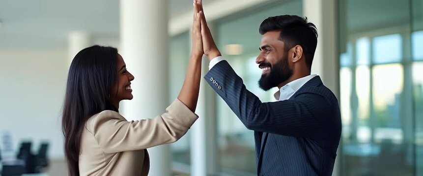 Dynamic business professionals high-five in a bright, modern office, as the camera smoothly tracks past, capturing their teamwork and success in a cinematic, inspiring style.