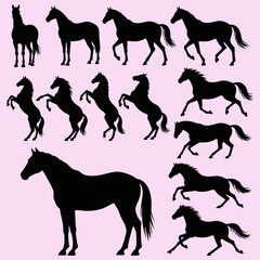 Obraz premium Running and Rearing Horse Silhouette Set Vector Illustration