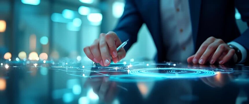 Innovative designer sketches futuristic technology interface, camera slowly pans across glowing digital elements, ambient lights flicker in a modern, cinematic workspace setting.
