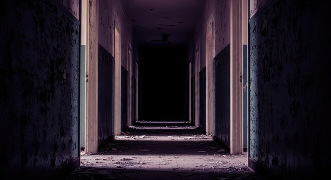 Gloomy monochrome image of a long, abandoned hallway stretching into deep shadow, symbolizing the end of the journey and utter futility, grief, hopelessness, depression