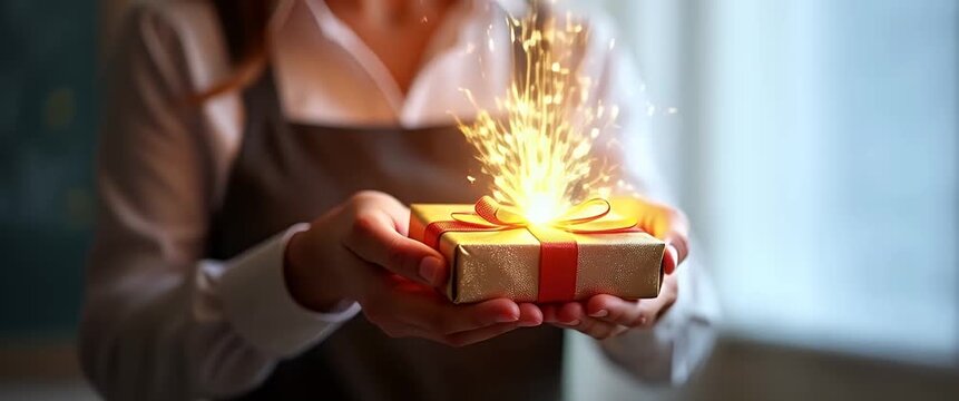 A cinematic close-up of a gift box emitting sparkling lights, as hands hold it steadily; the camera gently pans, capturing the ambient glow and creating a magical, festive atmosphere.