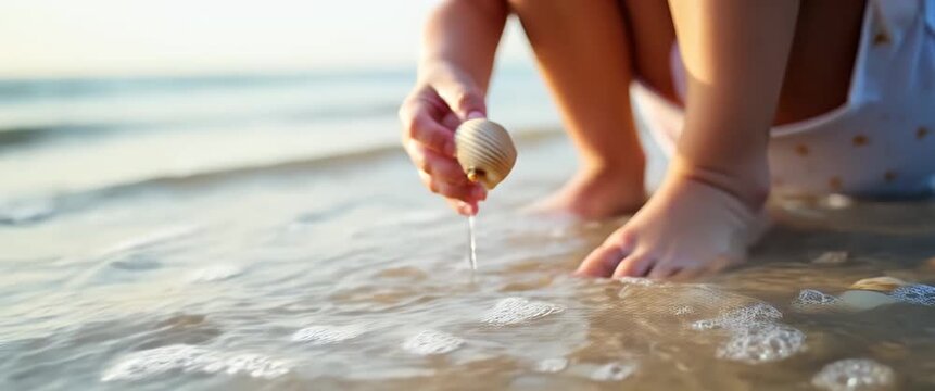Child gathers seashells on a sunlit beach, as gentle waves sway and a slow camera pan captures the serene, cinematic shoreline scene, highlighting summer, nature, and exploration.
