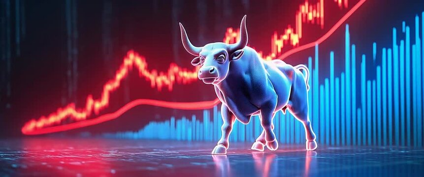 Futuristic bull strides confidently on a digital floor as camera slowly pans, with ambient lights flickering in a cinematic financial market scene, ideal for stock market concepts.
