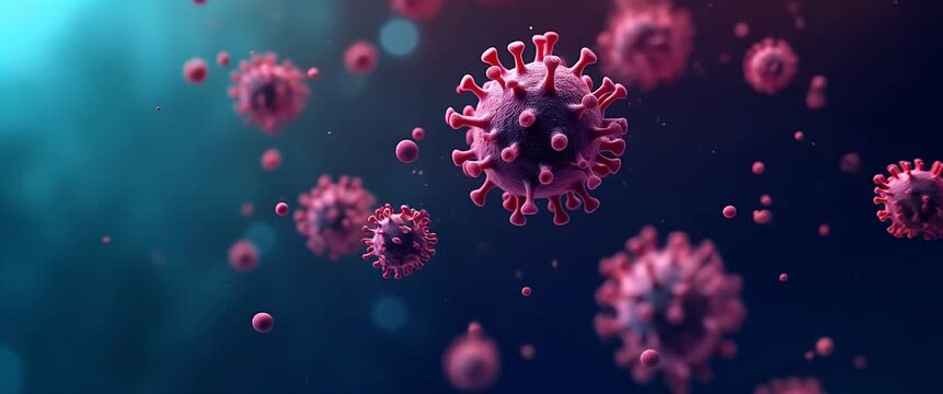 Floating virus particles drift in a deep blue bokeh background, with a slow cinematic camera pan and gentle ambient light flicker, ideal for medical and scientific visuals.