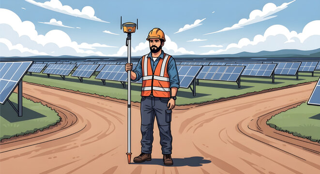 Land Surveyor with GNSS RTK Rover in Solar Panel Farm,  A vector illustration of a land surveyor standing on a dirt path, holding a GNSS RTK rover pole, surrounded by extensive rows of solar panels