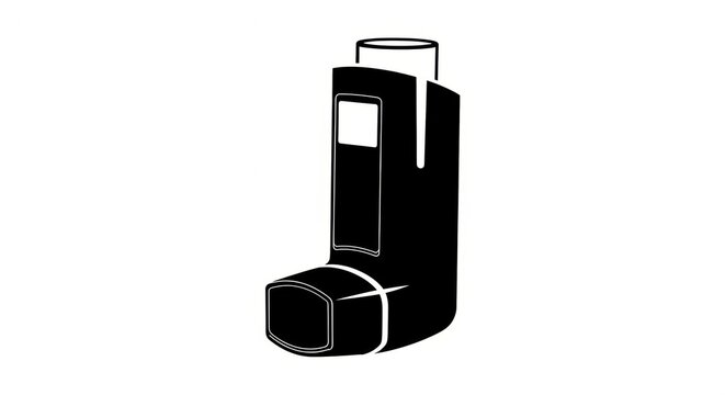 A black and white illustration of an asthma inhaler, a common medical device for respiratory relief