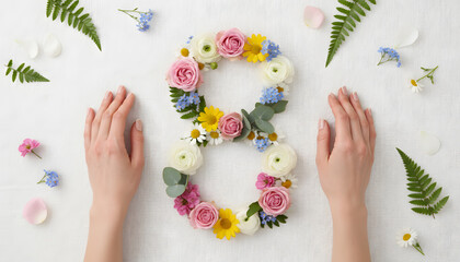 Title
Hands Framing a Floral Number Eight Made From Roses, Ranunculus and Daisies on White Linen