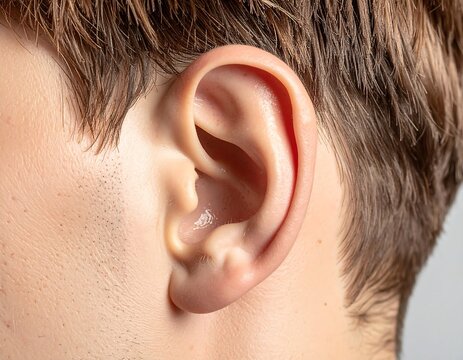 Close-up shot of a human ear, with brown hair and blurred background