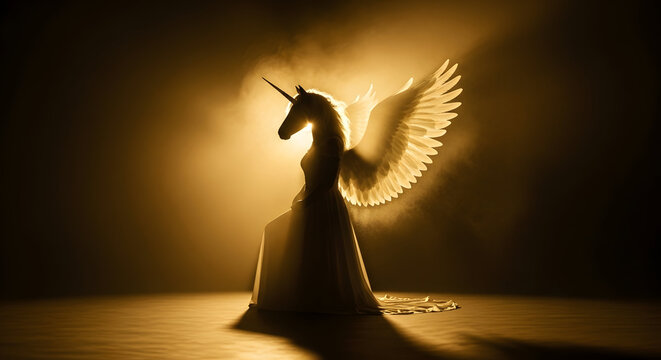 Mythical Winged Unicorn Silhouette with Golden Light and Smoke