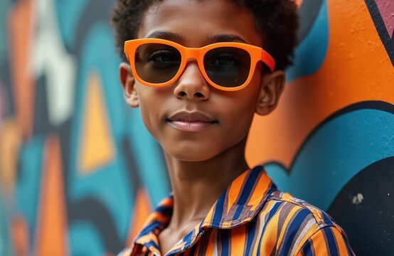 Young boy wears bright orange sunglasses and a striped shirt. He stands against a colorful graffiti wall with blue and orange patterns. Style combines urban fashion with youthful confidence.