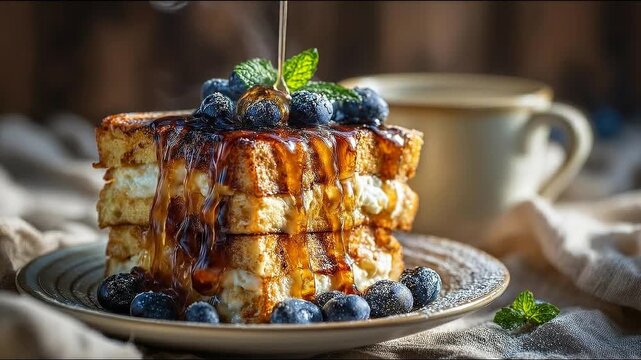 Pancake stack with blueberry syrup, caramel drizzle and mint cream, rustic plate closeup, whipped topping, steaming coffee, cozy morning breakfast dessert on warm table setting