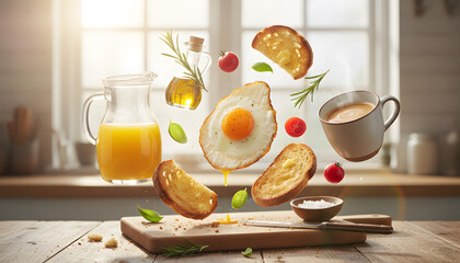 Floating Breakfast Scene With Fried Egg, Toast, Coffee And Orange Juice In Cozy Kitchen