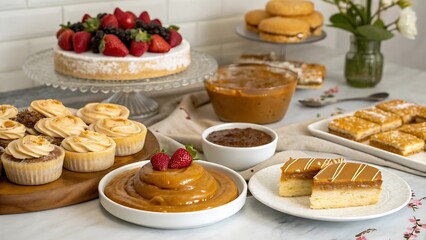 Assortment of sweet desserts with caramel, strawberries, and cupcakes